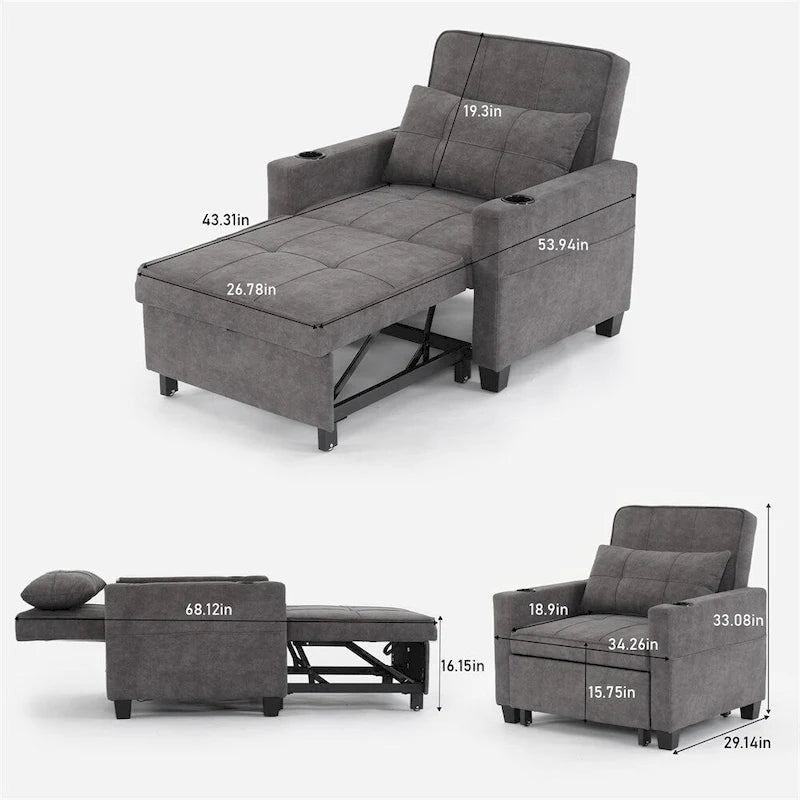 Fauteuil Futon Convertible avec Ports USB — Vert / Gris Foncé / Gris Clair, 1 place