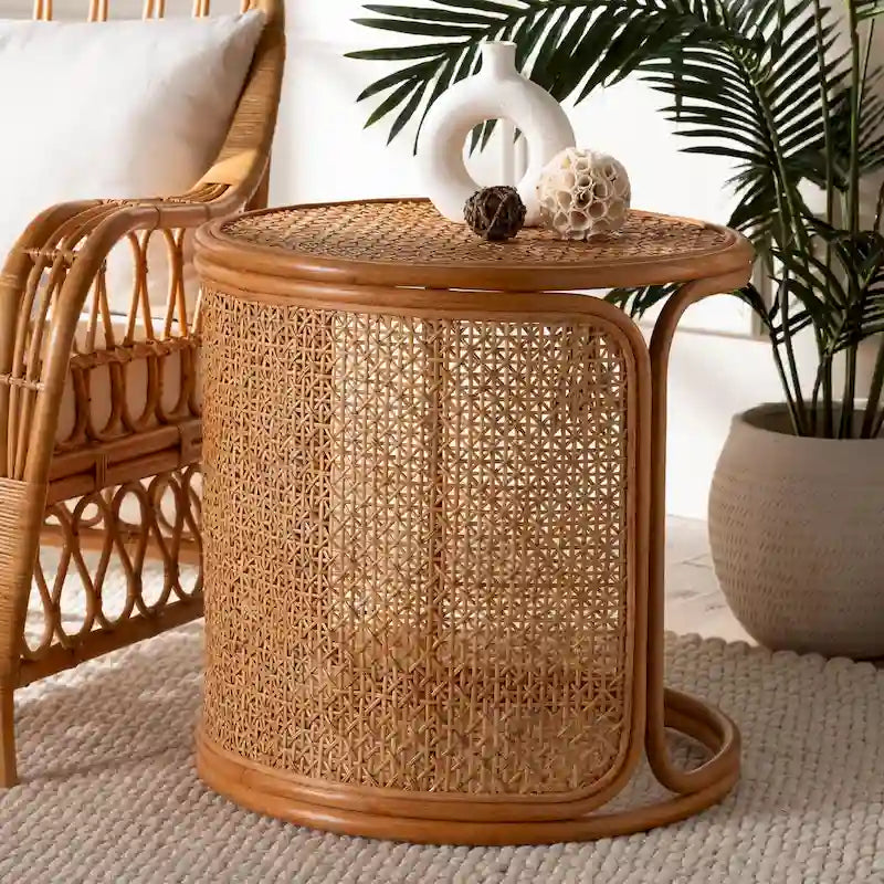 Table d'appoint ronde en rotin miel clair – Petite/Grande