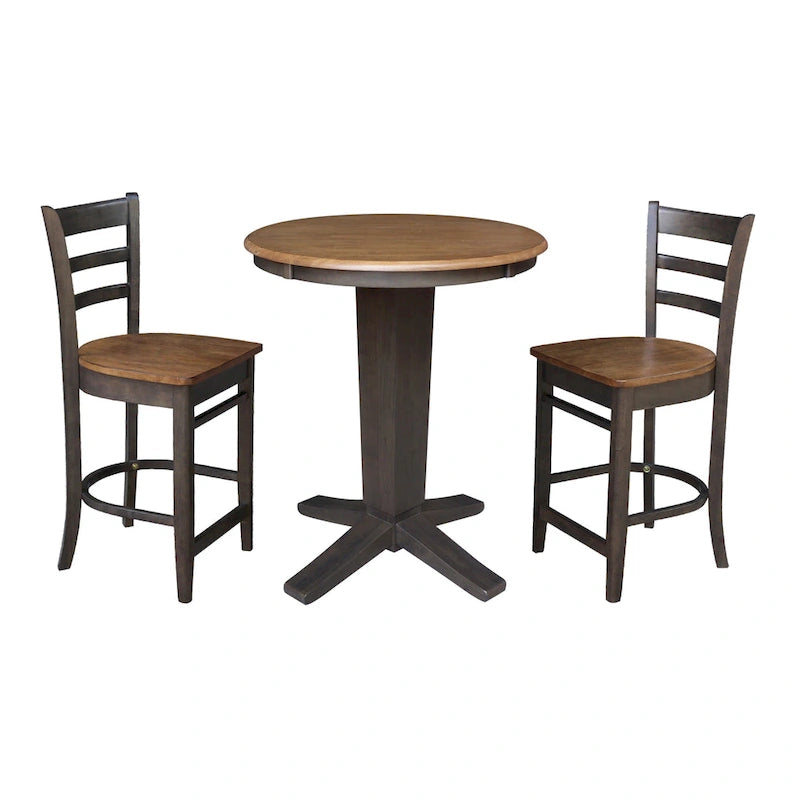 Ensemble de salle à manger hauteur comptoir en bois massif pour 2 – Chêne vieilli / Brut / Noyer de hickory délavé charbon
