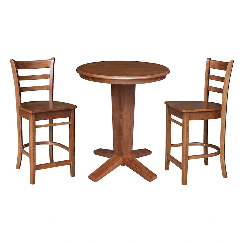 Ensemble de salle à manger hauteur comptoir en bois massif pour 2 – Chêne vieilli / Brut / Noyer de hickory délavé charbon