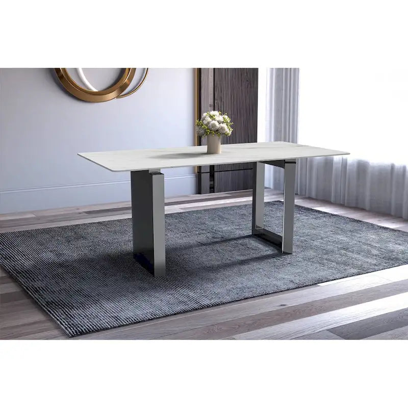 Table de salle à manger moderne en pierre frittée et verre – Blanc/Gris/Noir ou Blanc, 140/157/180 cm, 4-6 places
