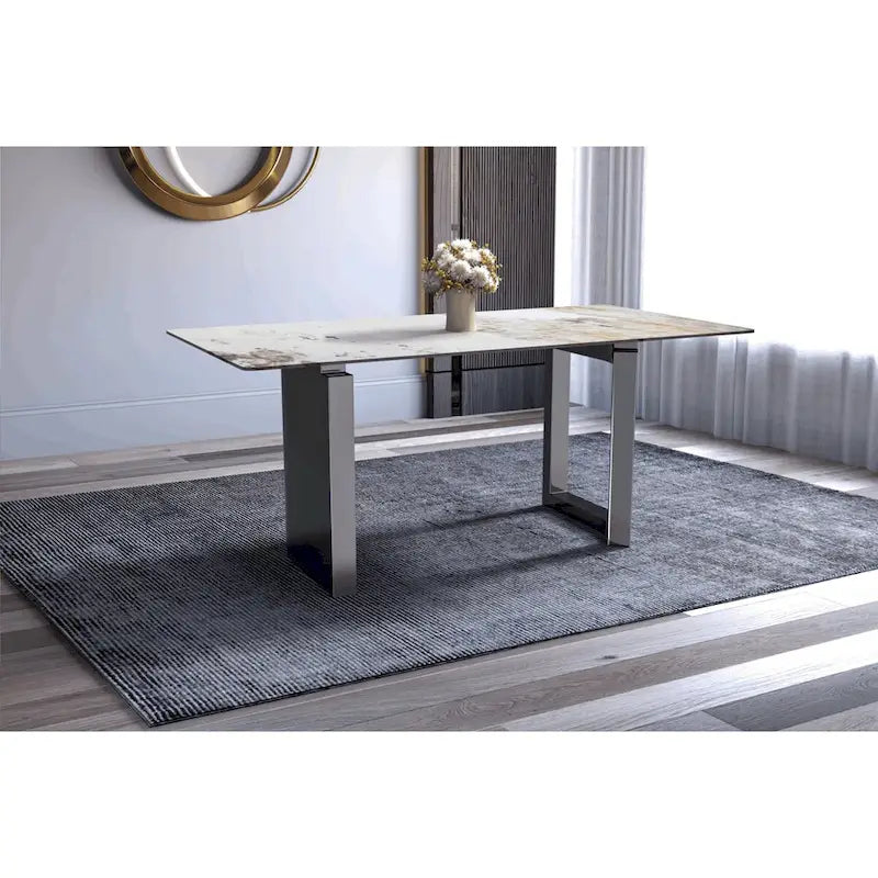 Table de salle à manger moderne en pierre frittée et verre – Blanc/Gris/Noir ou Blanc, 140/157/180 cm, 4-6 places