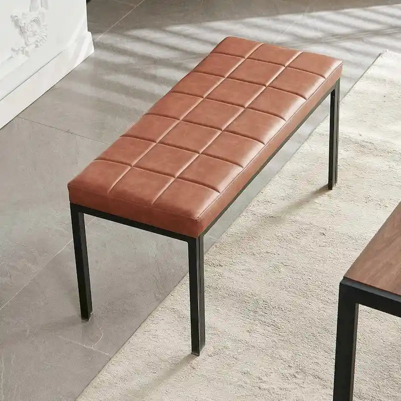 Banc capitonné en similicuir marron avec pieds en métal noir — 1 ou 2 pièces