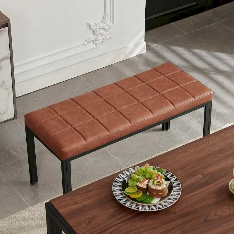 Banc capitonné en similicuir marron avec pieds en métal noir — 1 ou 2 pièces