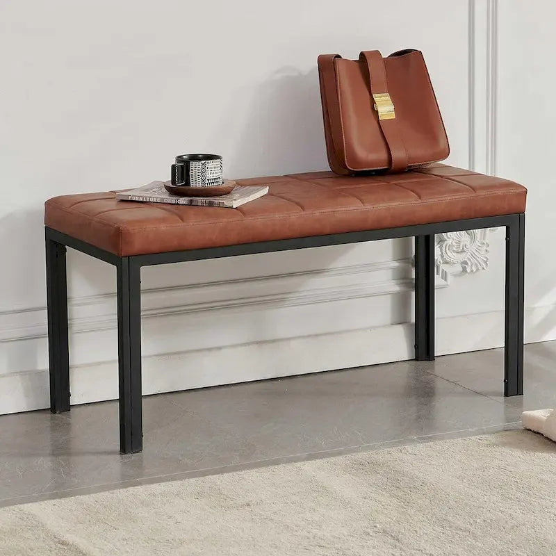 Banc capitonné en similicuir marron avec pieds en métal noir — 1 ou 2 pièces