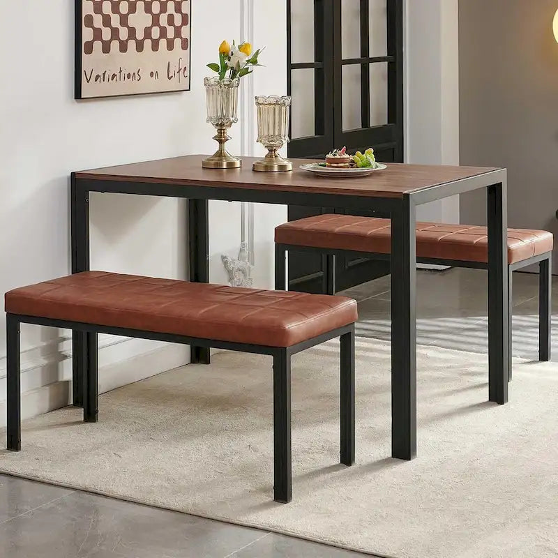 Banc capitonné en similicuir marron avec pieds en métal noir — 1 ou 2 pièces