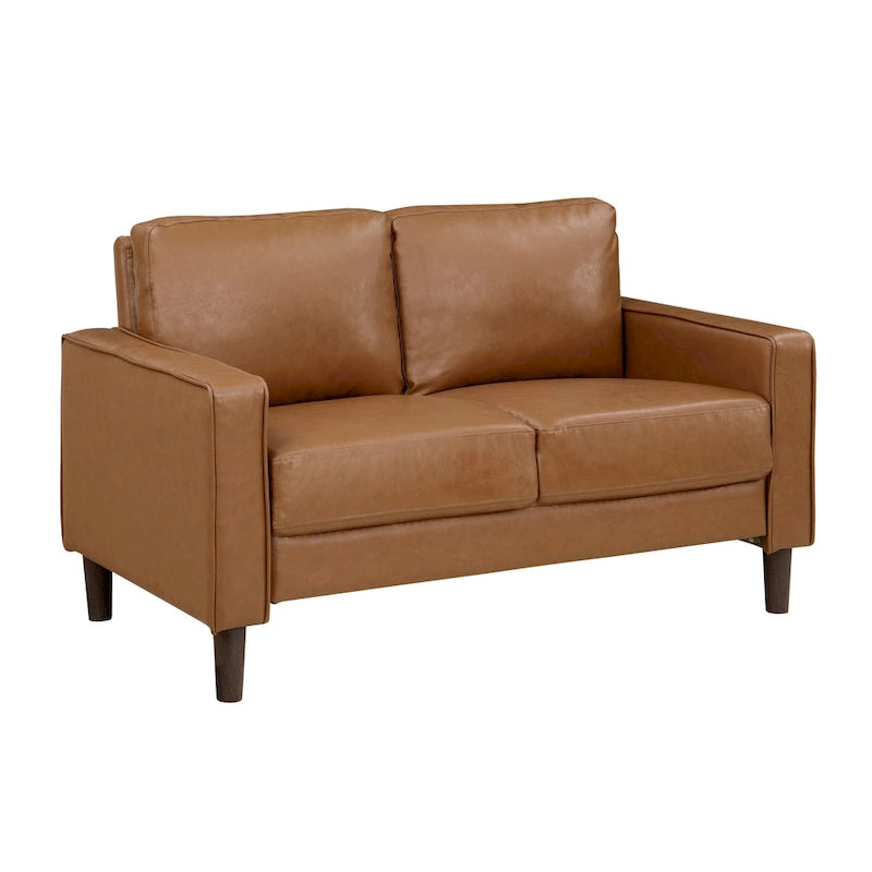 Causeuse en Faux Cuir Marron, Accoudoirs Droits, 2 Places