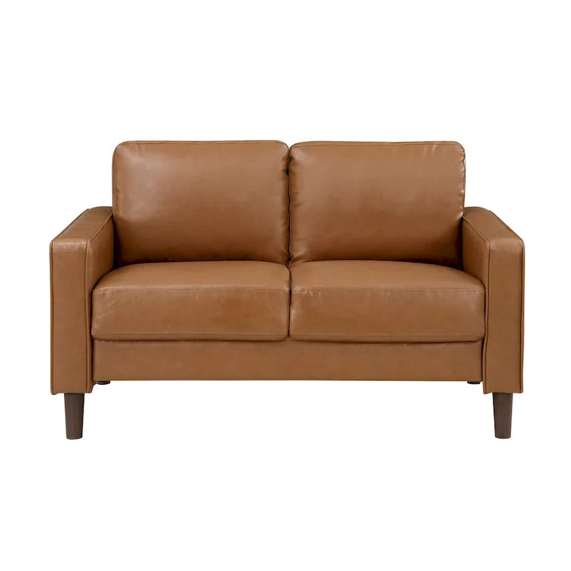 Causeuse en Faux Cuir Marron, Accoudoirs Droits, 2 Places