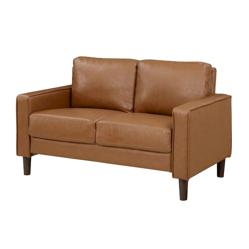 Causeuse en Faux Cuir Marron, Accoudoirs Droits, 2 Places