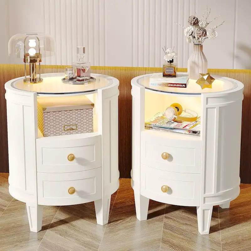 Table de chevet ronde blanche et or à 2 tiroirs avec lumières LED, 1 ou 2 pièces