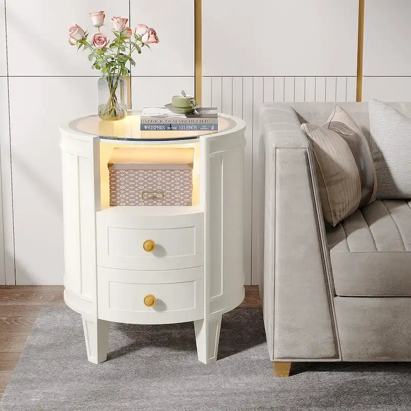 Table de chevet ronde blanche et or à 2 tiroirs avec lumières LED, 1 ou 2 pièces