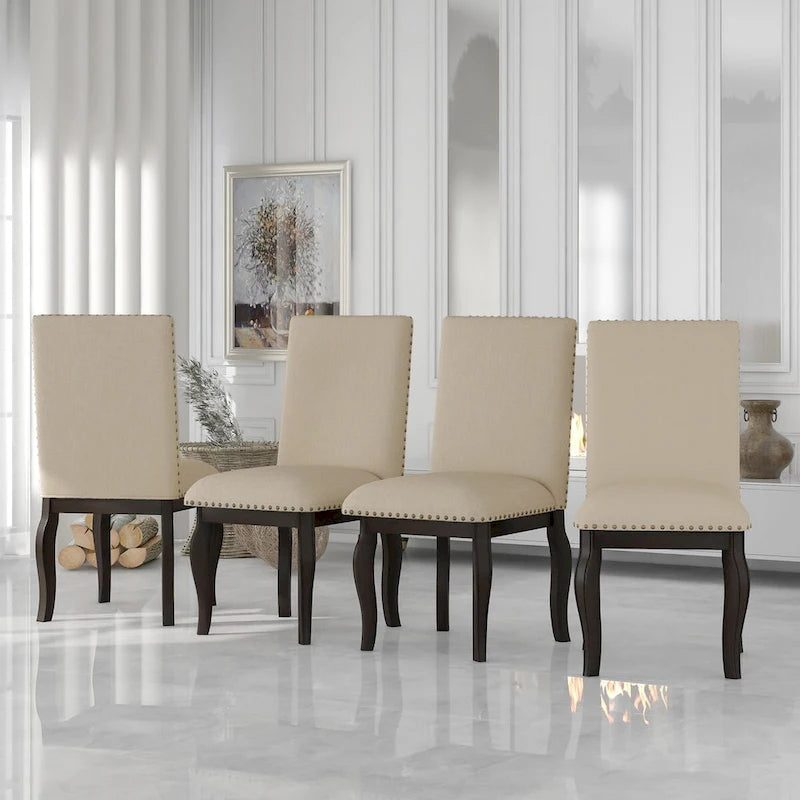 Chaise de salle à manger rembourrée avec clous décoratifs, Espresso/Naturel, Lot de 4