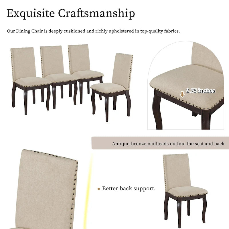 Chaise de salle à manger rembourrée avec clous décoratifs, Espresso/Naturel, Lot de 4