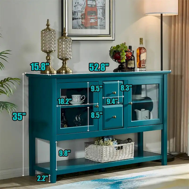 Buffet bahut sarcelle de 52 po – Meuble de rangement à 2 portes avec tiroirs