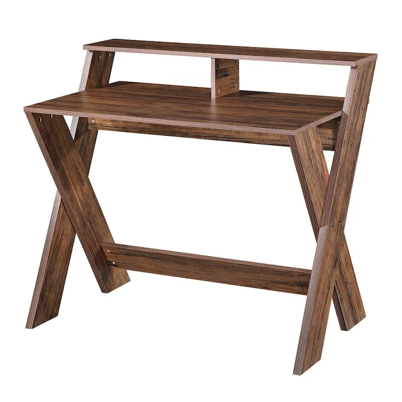Bureau d'écriture marron à cadre en X avec étagère supérieure, 1 personne