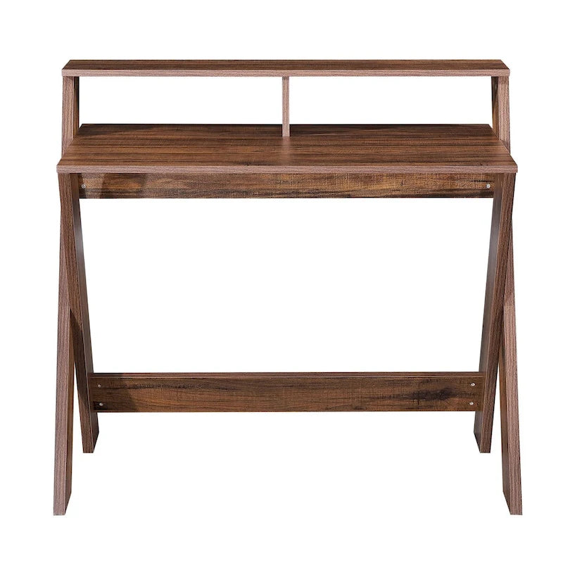 Bureau d'écriture marron à cadre en X avec étagère supérieure, 1 personne