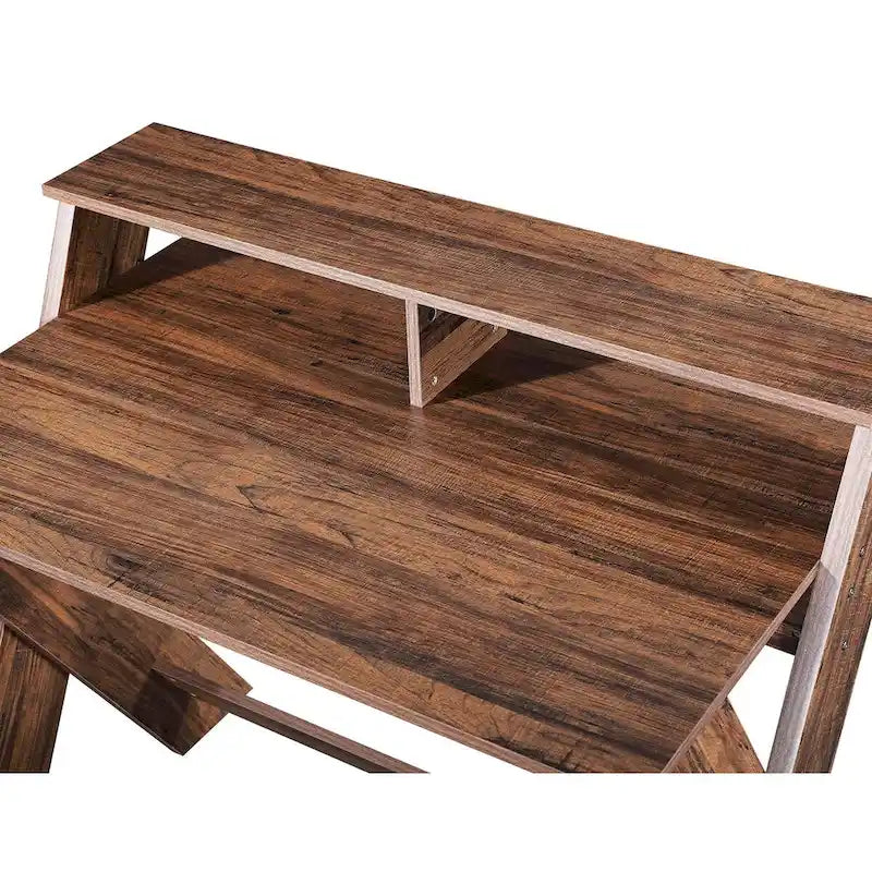 Bureau d'écriture marron à cadre en X avec étagère supérieure, 1 personne