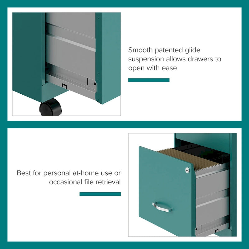 Classeur vertical mobile 2 tiroirs avec tiroir à accessoires – Vert / Bleu / Blanc / Argent, Utilisation par 1 personne