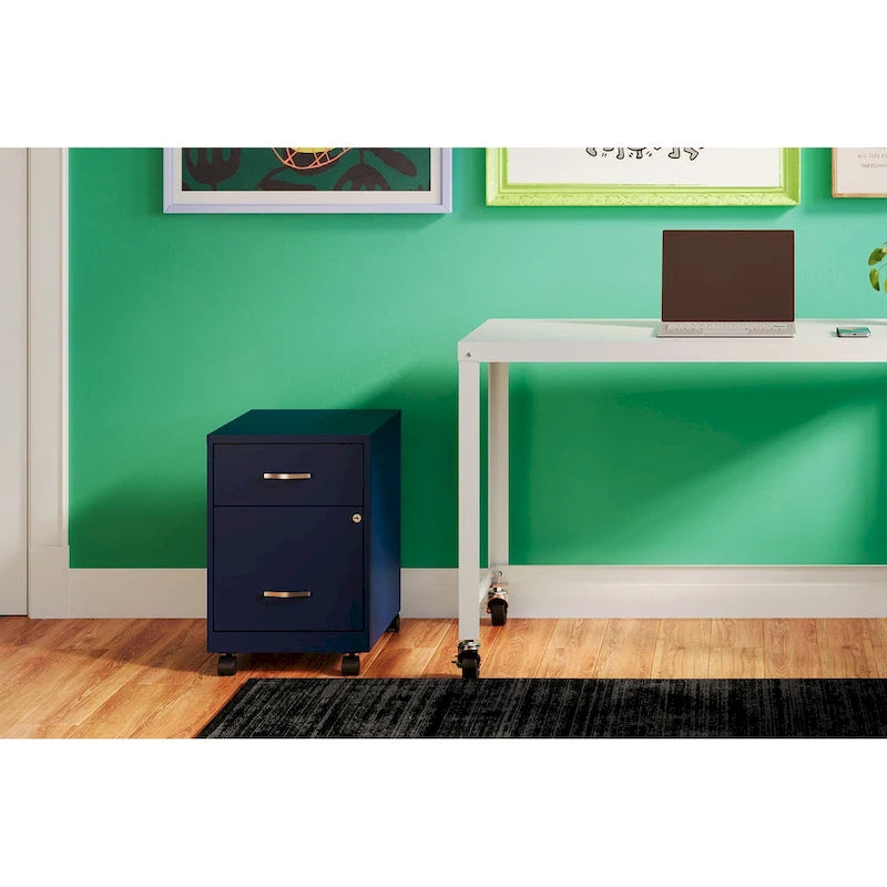 Classeur vertical mobile 2 tiroirs avec tiroir à accessoires – Vert / Bleu / Blanc / Argent, Utilisation par 1 personne