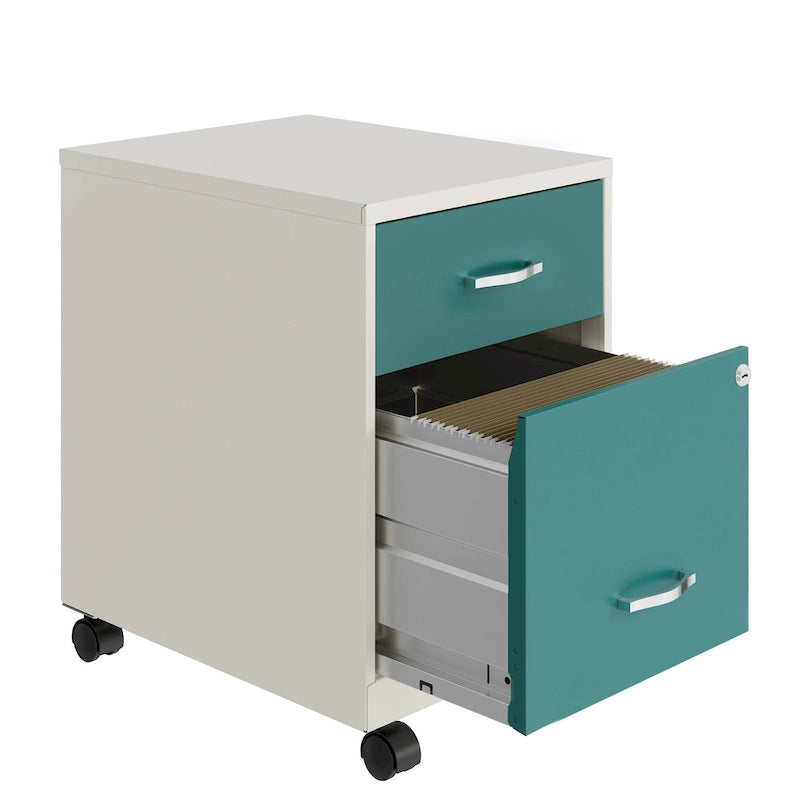 Classeur vertical mobile 2 tiroirs avec tiroir à accessoires – Vert / Bleu / Blanc / Argent, Utilisation par 1 personne