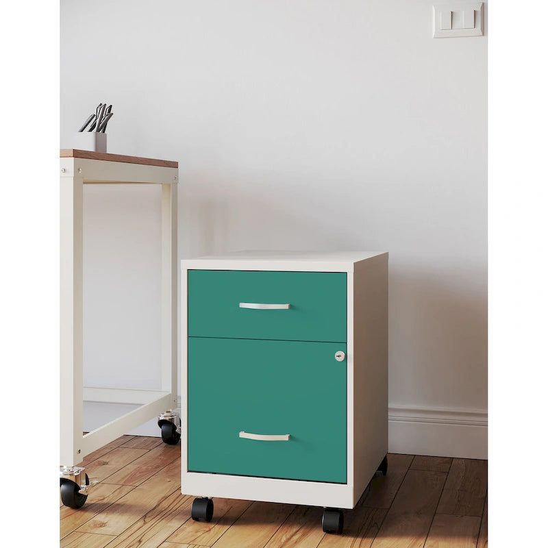 Classeur vertical mobile 2 tiroirs avec tiroir à accessoires – Vert / Bleu / Blanc / Argent, Utilisation par 1 personne