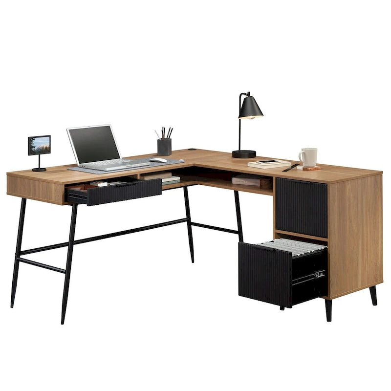 Bureau d'angle en L cerisier classique pour 1 personne