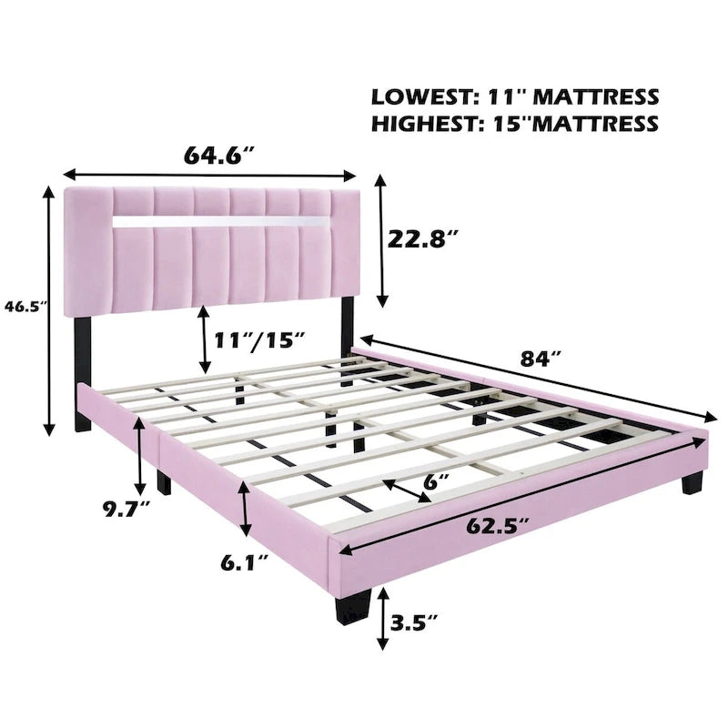Cadre de lit Queen Size en Velours, Noir / Rose / Vert, Hauteur Réglable, Convient pour 2