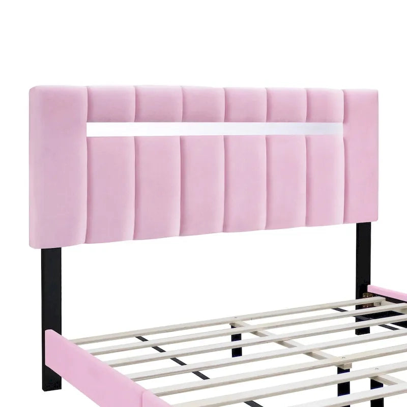 Cadre de lit Queen Size en Velours, Noir / Rose / Vert, Hauteur Réglable, Convient pour 2