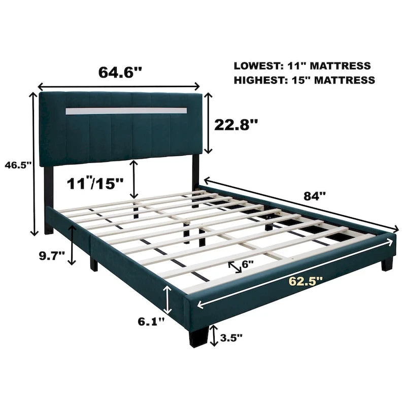 Cadre de lit Queen Size en Velours, Noir / Rose / Vert, Hauteur Réglable, Convient pour 2