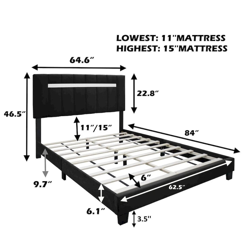 Cadre de lit Queen Size en Velours, Noir / Rose / Vert, Hauteur Réglable, Convient pour 2