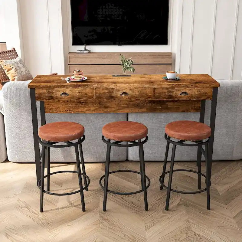 Ensemble de salle à manger 3 tiroirs marron/noir avec 3 tabourets ronds en polyuréthane — 4 places