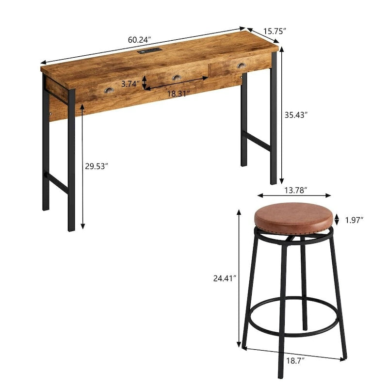 Ensemble de salle à manger 3 tiroirs marron/noir avec 3 tabourets ronds en polyuréthane — 4 places
