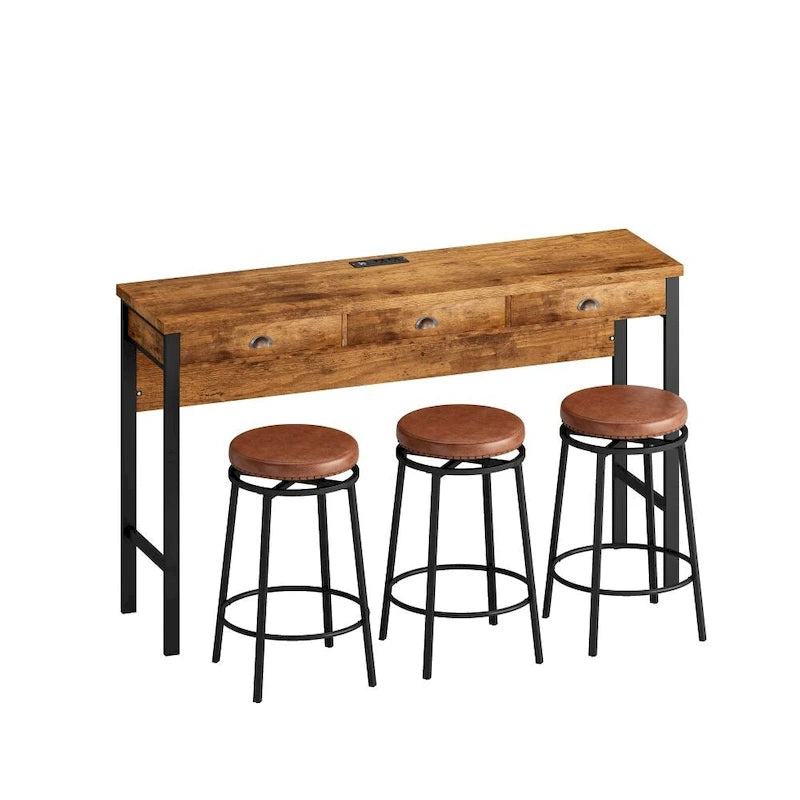 Ensemble de salle à manger 3 tiroirs marron/noir avec 3 tabourets ronds en polyuréthane — 4 places