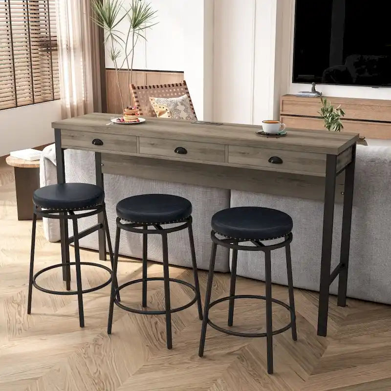 Ensemble de salle à manger 3 tiroirs marron/noir avec 3 tabourets ronds en polyuréthane — 4 places