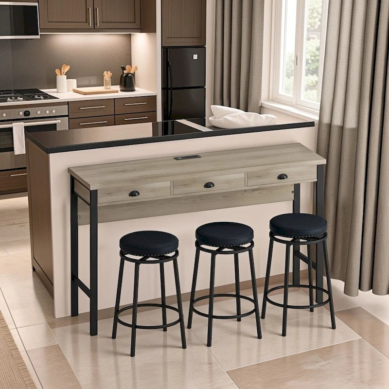 Ensemble de salle à manger 3 tiroirs marron/noir avec 3 tabourets ronds en polyuréthane — 4 places