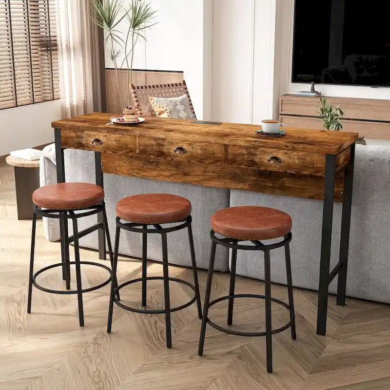Ensemble de salle à manger 3 tiroirs marron/noir avec 3 tabourets ronds en polyuréthane — 4 places