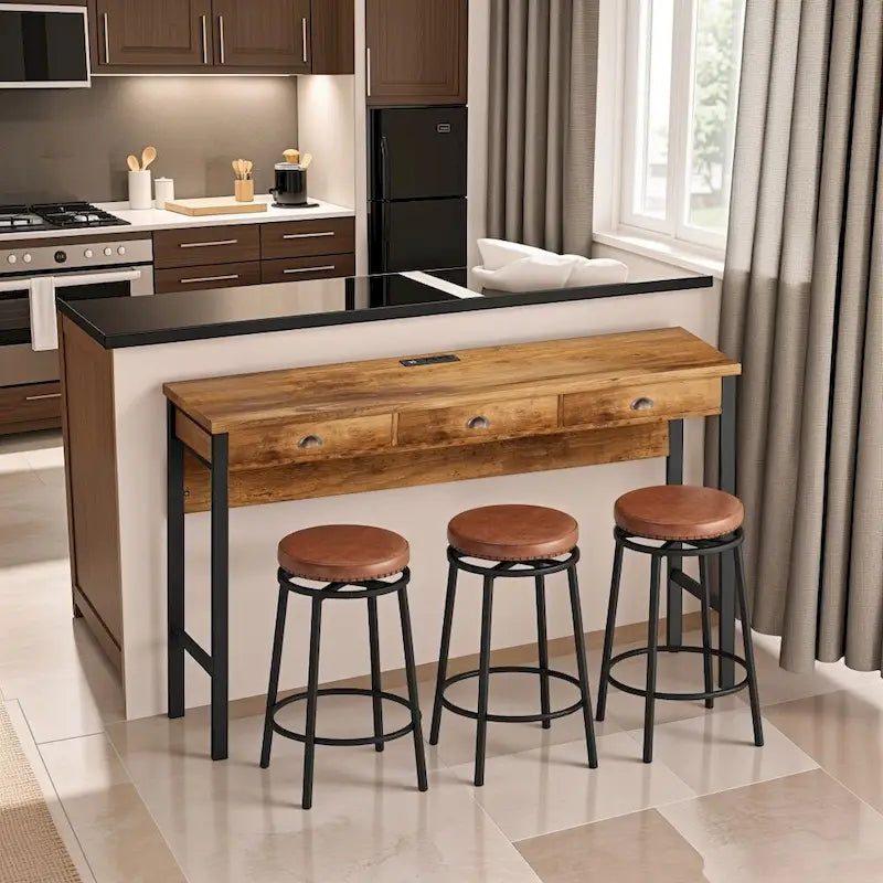 Ensemble de salle à manger 3 tiroirs marron/noir avec 3 tabourets ronds en polyuréthane — 4 places
